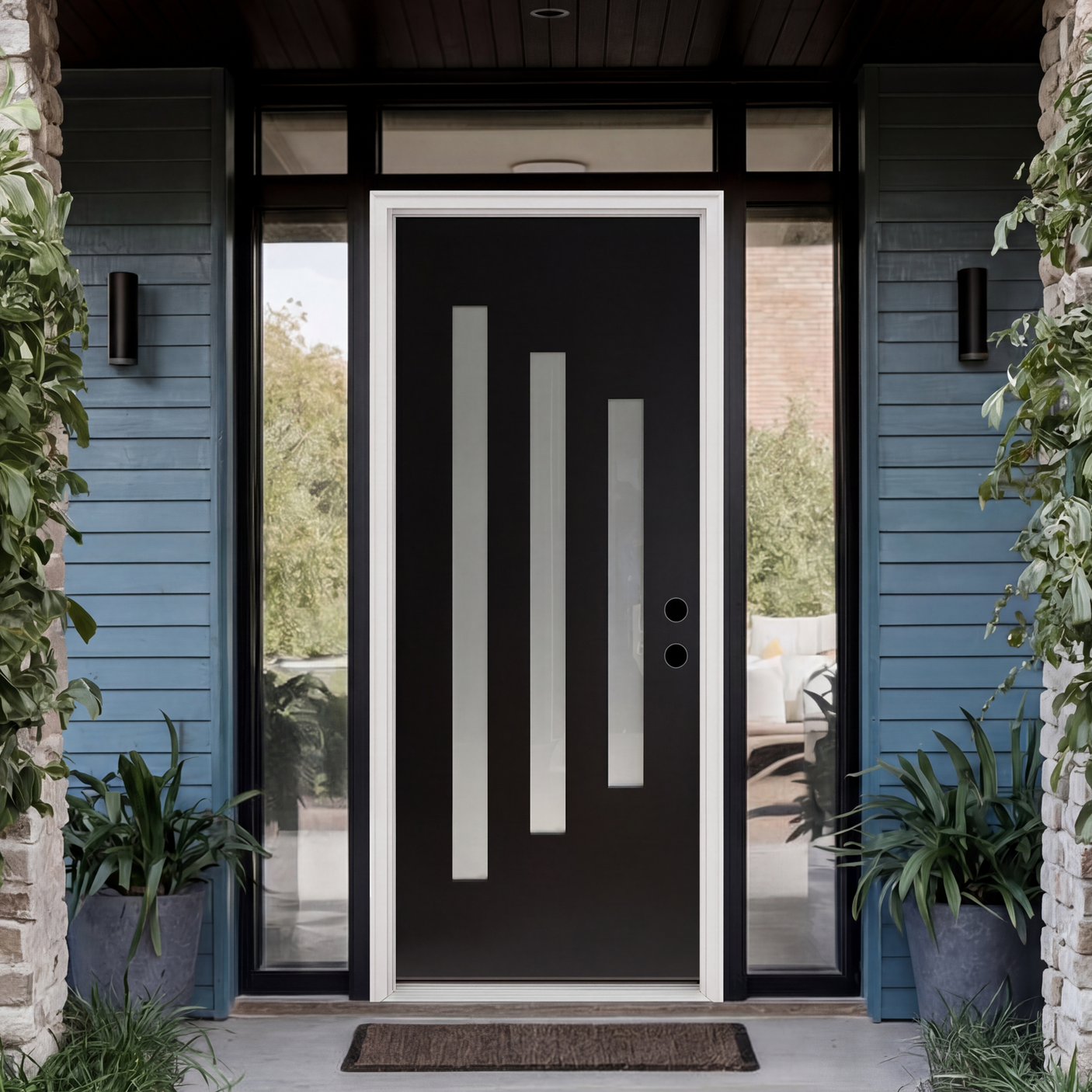 36" x 80" Black Fiberglass Entry Door – 3-Lite Frosted Glass, Prehung with Vinyl Frame & Brickmould