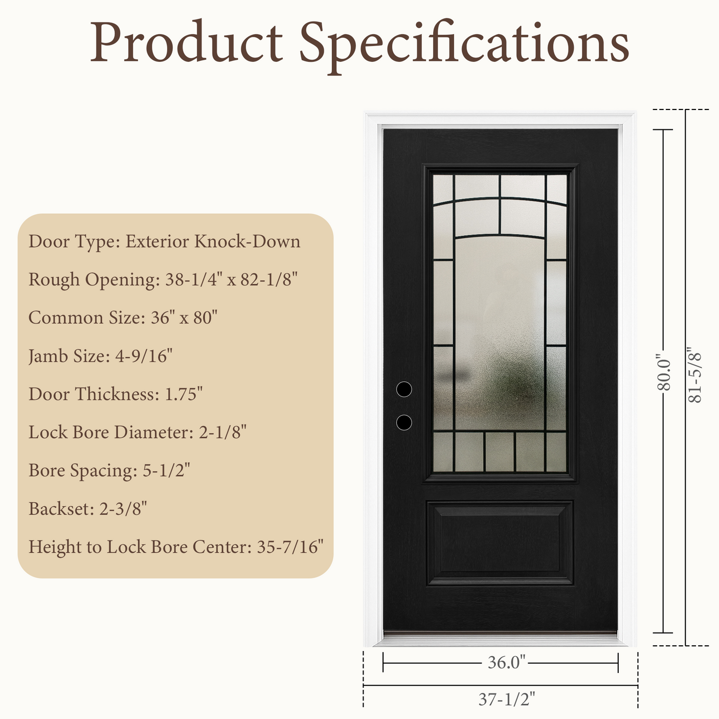 [out of stock]36" x 80" Smooth Black Fiberglass Entry Door – 3/4 View Frosted Privacy Glass | Left & Right Hand Inswing
