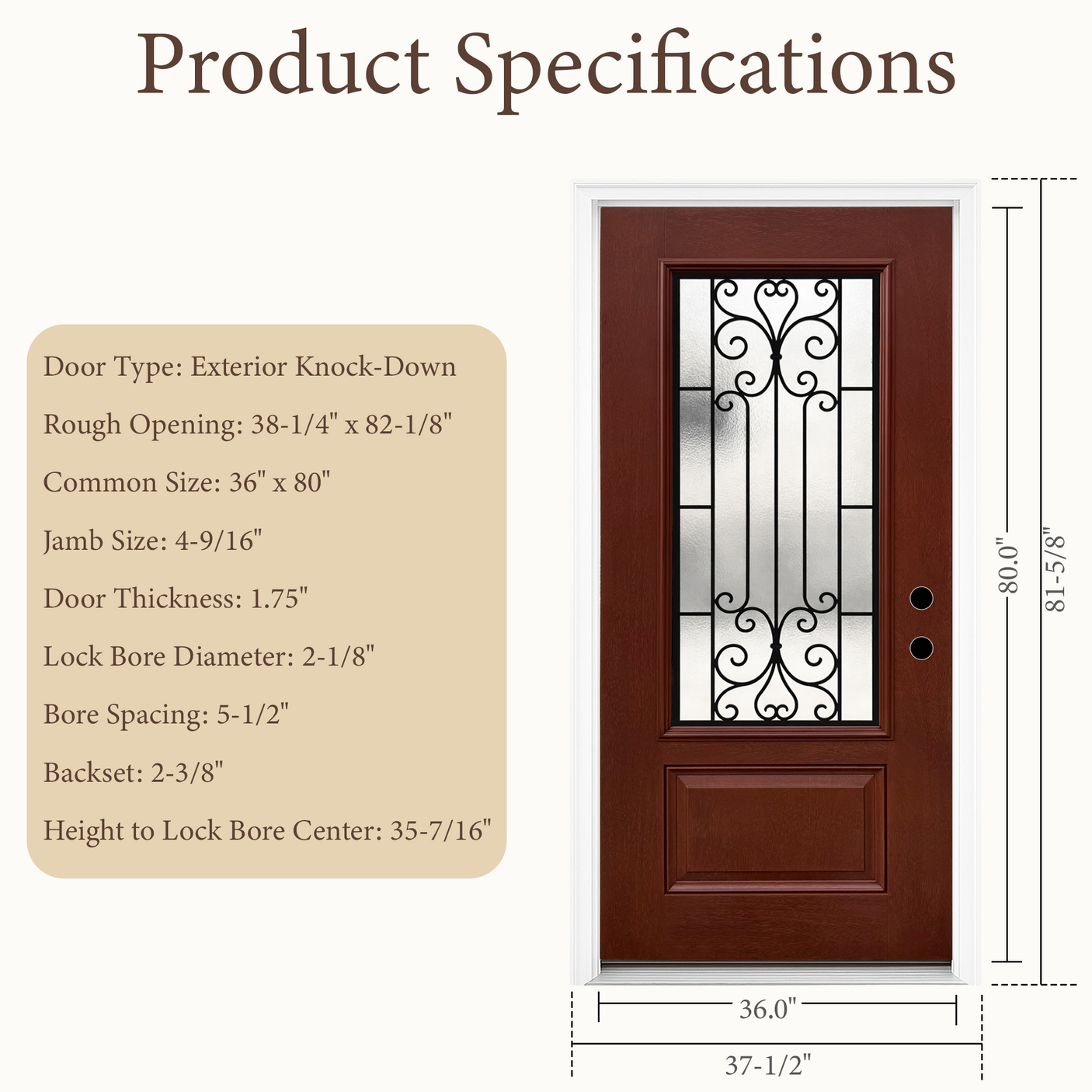 36" x 80" Red Fiberglass Entry Door with 3/4 Lite Wrought Iron Glass, Left or Right Hand Inswing, Classic Style Front Door with 4-9/16" White Vinyl Frame and Brickmould
