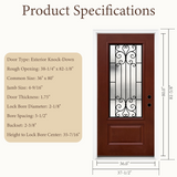 36" x 80" Red Fiberglass Entry Door with 3/4 Lite Wrought Iron Glass, Left or Right Hand Inswing, Classic Style Front Door with 4-9/16" White Vinyl Frame and Brickmould