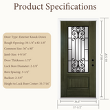 36" x 80" Green Fiberglass Entry Door with 3/4 Lite Wrought Iron Glass, Left or Right Hand Inswing, Classic Style Front Door with 4-9/16" White Vinyl Frame and Brickmould