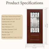 36" x 80" Red Fiberglass Entry Door with 3/4 Lite Wrought Iron Glass, Left or Right Hand Inswing, Classic Style Front Door with 4-9/16" White Vinyl Frame and Brickmould