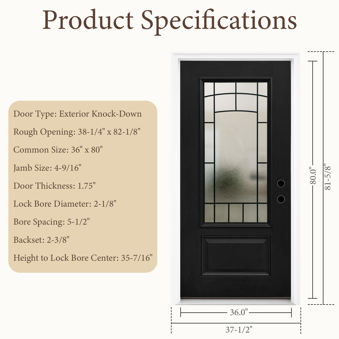 [out of stock]36" x 80" Smooth Black Fiberglass Entry Door – 3/4 View Frosted Privacy Glass | Left & Right Hand Inswing