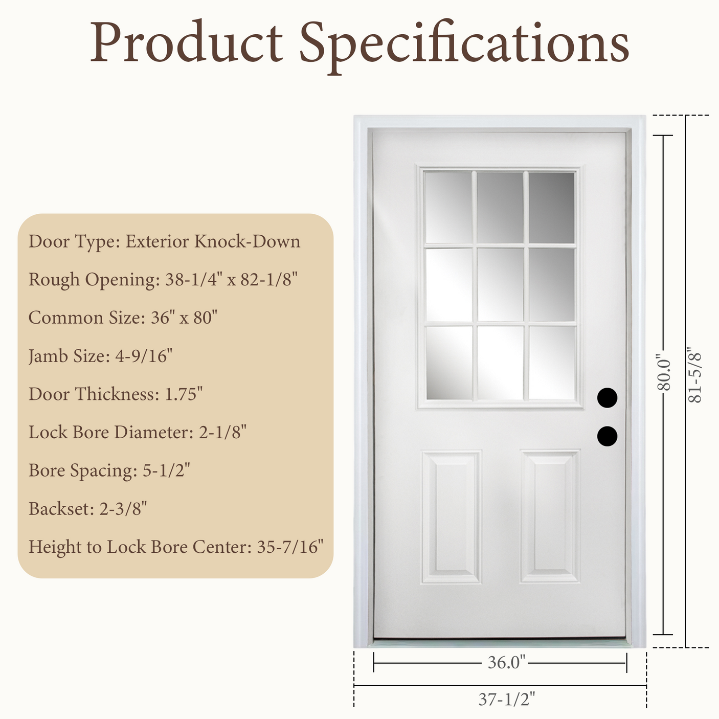 36" x 80" Fiberglass Entry Door | 9-Lite Low-E Glass | White | Left Hand Inswing