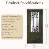 36" x 80" Green Fiberglass Entry Door with 3/4 Lite Wrought Iron Glass, Left or Right Hand Inswing, Classic Style Front Door with 4-9/16" White Vinyl Frame and Brickmould
