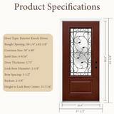 36" x 80" Red Fiberglass Entry Door with 3/4 Lite Wrought Iron Glass, Left or Right Hand Inswing, Classic Style Front Door with 4-9/16" White Vinyl Frame and Brickmould