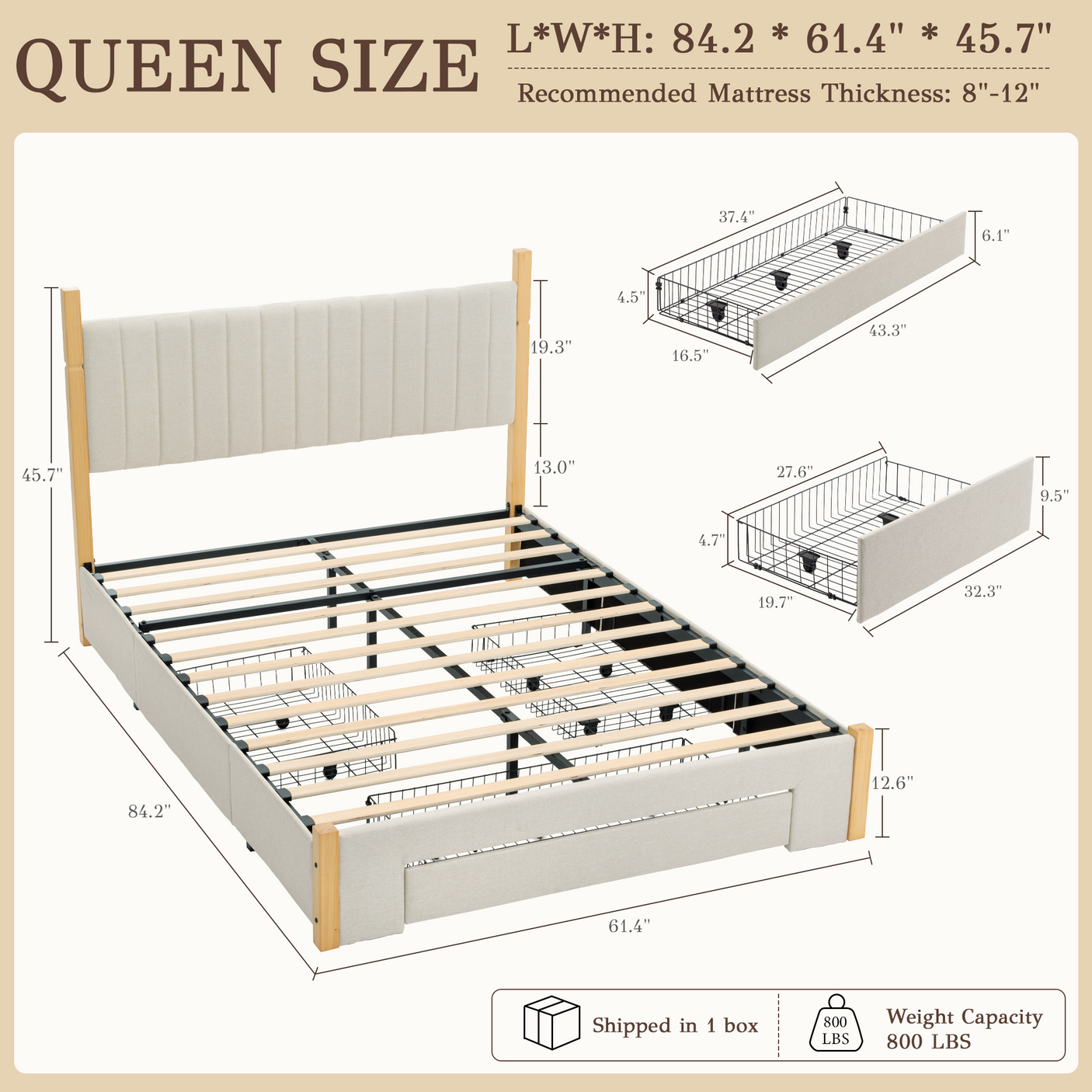 Yechen Queen Bed Frame with Storage | 3-Drawer Linen Platform Bed, Noise-Free Slats, Beige