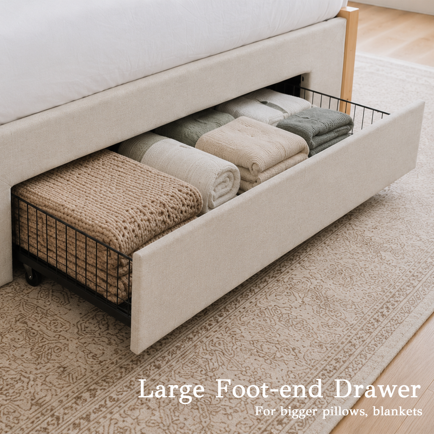 Yechen Queen Bed Frame with Storage | 3-Drawer Linen Platform Bed, Noise-Free Slats, Beige