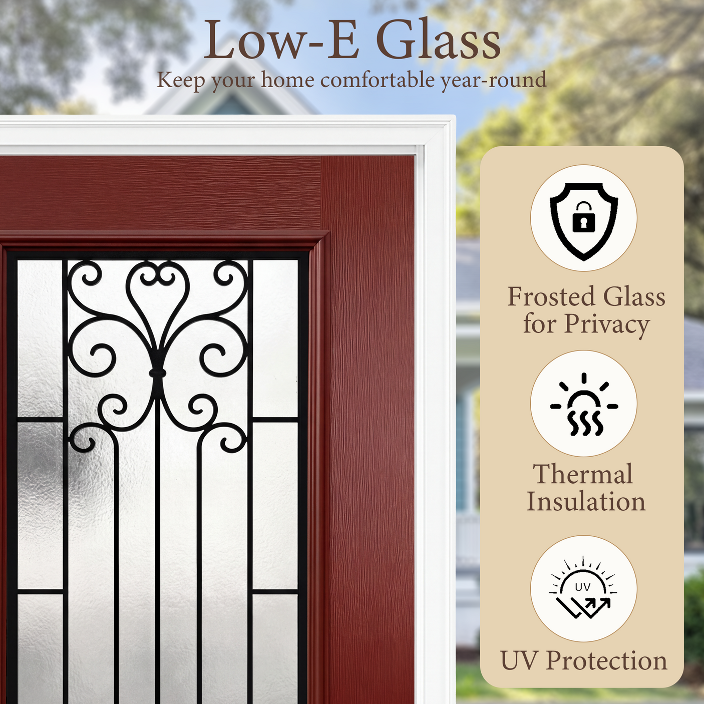 36" x 80" Red Fiberglass Entry Door with 3/4 Lite Wrought Iron Glass, Left or Right Hand Inswing, Classic Style Front Door with 4-9/16" White Vinyl Frame and Brickmould