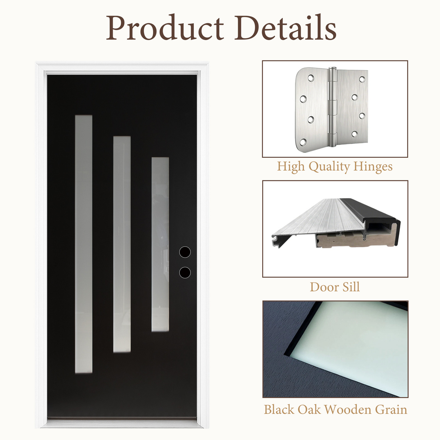 36" x 80" Black Fiberglass Entry Door – 3-Lite Frosted Glass, Prehung with Vinyl Frame & Brickmould