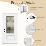 36" x 80" Smooth White Fiberglass Entry Door – 3/4 View Frosted Privacy Glass | Left & Right Hand Inswing