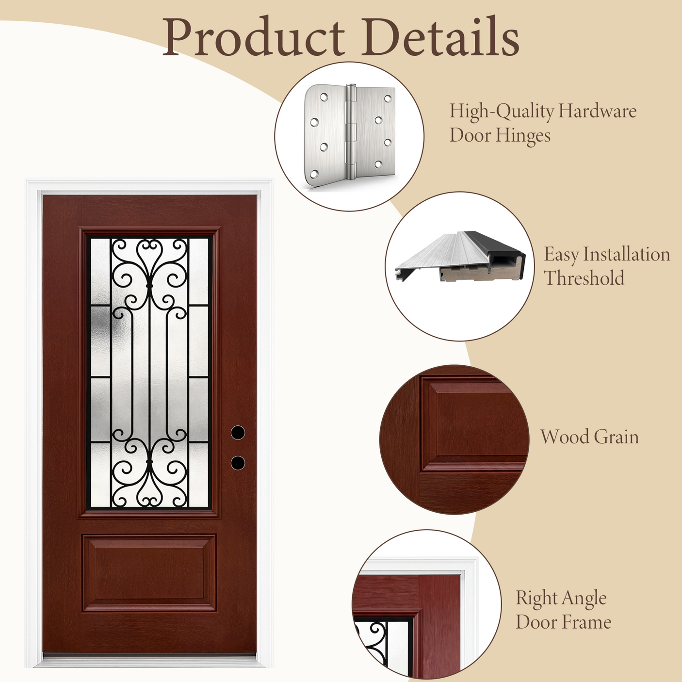 36" x 80" Red Fiberglass Entry Door with 3/4 Lite Wrought Iron Glass, Left or Right Hand Inswing, Classic Style Front Door with 4-9/16" White Vinyl Frame and Brickmould