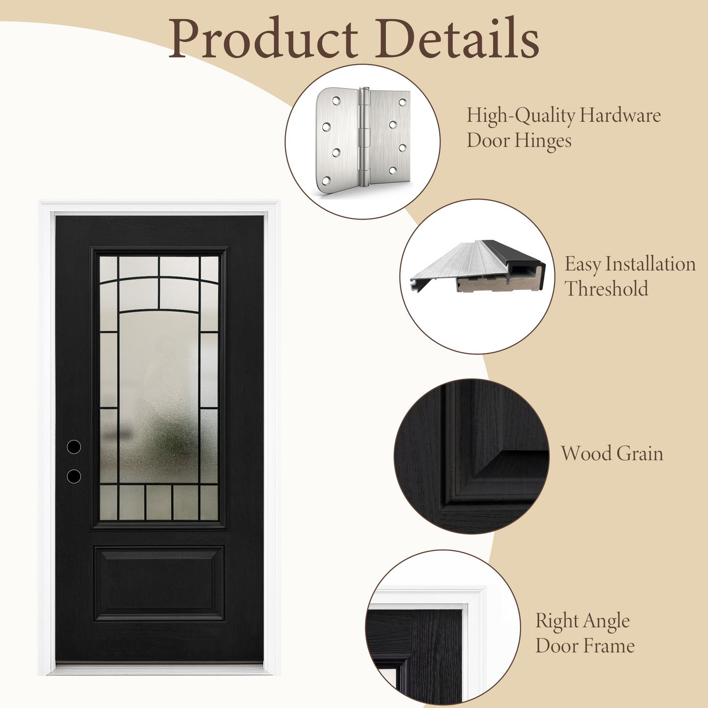 [out of stock]36" x 80" Smooth Black Fiberglass Entry Door – 3/4 View Frosted Privacy Glass | Left & Right Hand Inswing