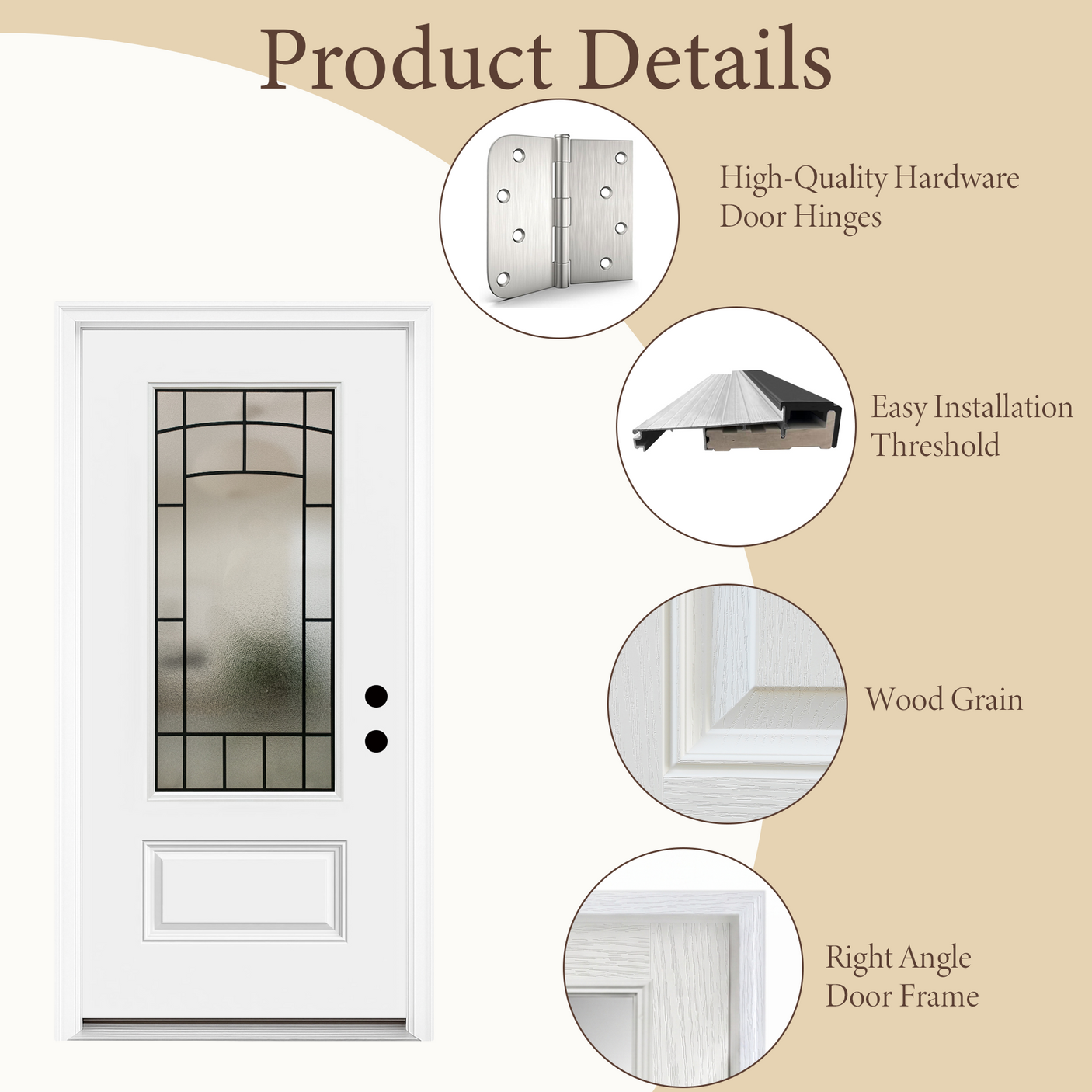 36" x 80" Smooth White Fiberglass Entry Door – 3/4 View Frosted Privacy Glass | Left & Right Hand Inswing
