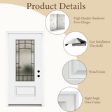 36" x 80" Smooth White Fiberglass Entry Door – 3/4 View Frosted Privacy Glass | Left & Right Hand Inswing