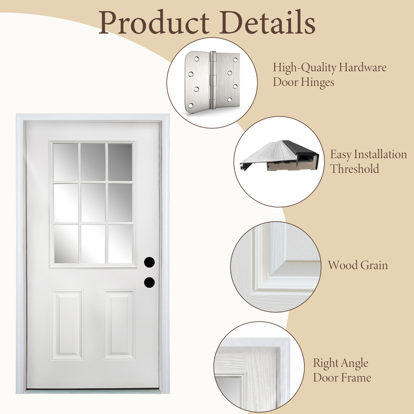 36" x 80" Fiberglass Entry Door | 9-Lite Low-E Glass | White | Left Hand Inswing