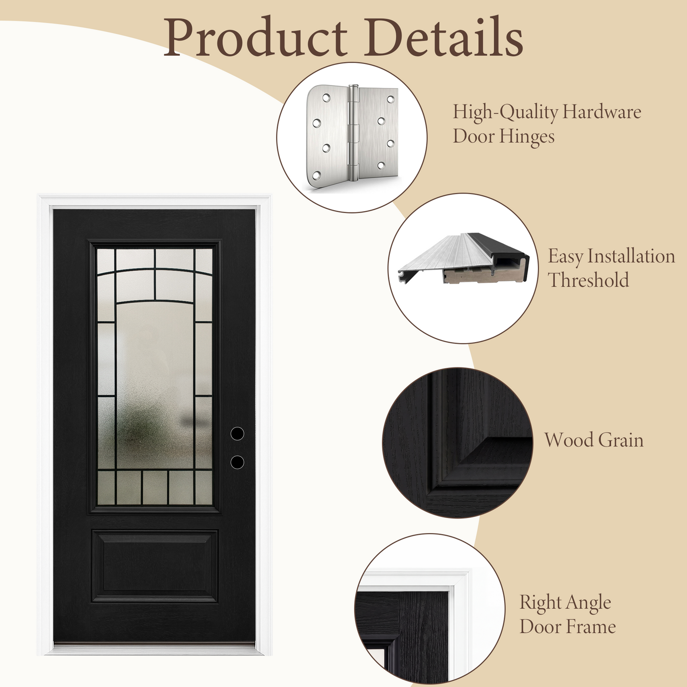 [out of stock]36" x 80" Smooth Black Fiberglass Entry Door – 3/4 View Frosted Privacy Glass | Left & Right Hand Inswing