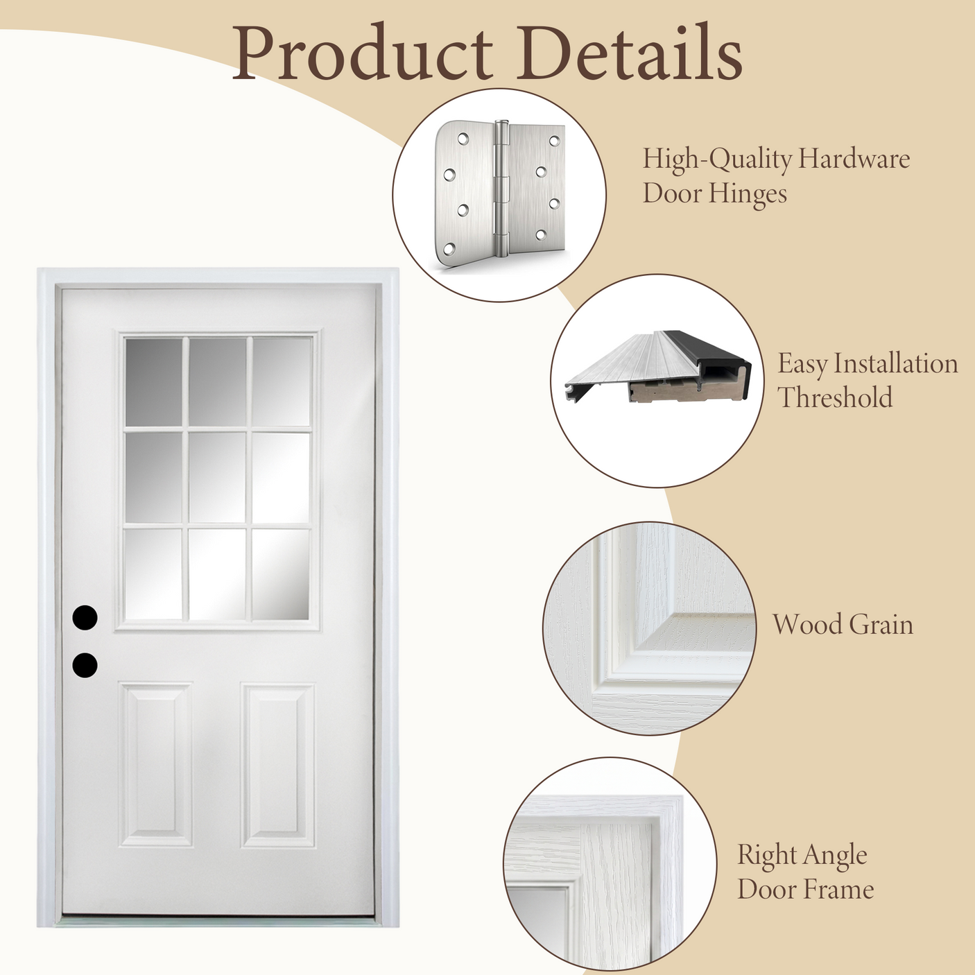 36" x 80" Fiberglass Entry Door | 9-Lite Low-E Glass | White | Right Hand Inswing