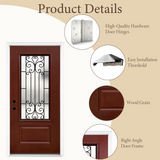 36" x 80" Red Fiberglass Entry Door with 3/4 Lite Wrought Iron Glass, Left or Right Hand Inswing, Classic Style Front Door with 4-9/16" White Vinyl Frame and Brickmould