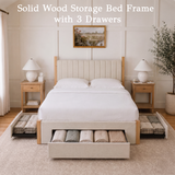 Yechen Queen Bed Frame with Storage | 3-Drawer Linen Platform Bed, Noise-Free Slats, Beige
