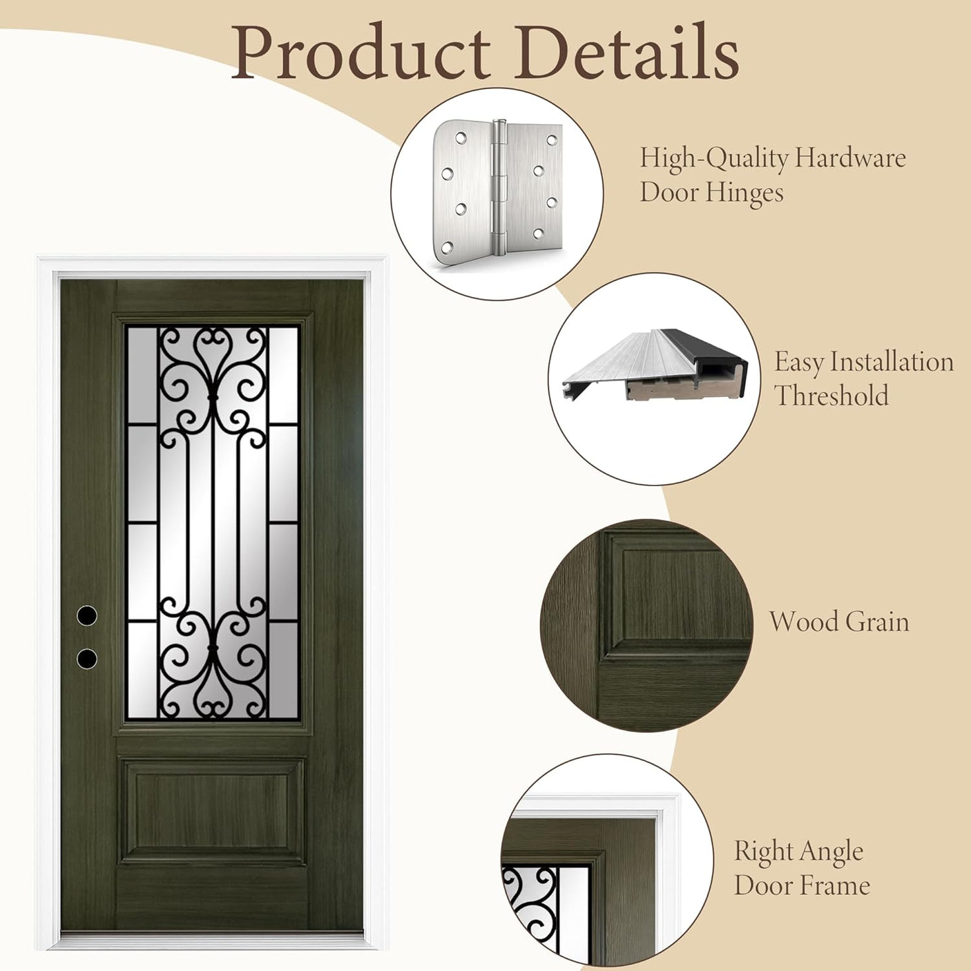 36" x 80" Green Fiberglass Entry Door with 3/4 Lite Wrought Iron Glass, Left or Right Hand Inswing, Classic Style Front Door with 4-9/16" White Vinyl Frame and Brickmould
