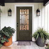 36" x 80" Green Fiberglass Entry Door with 3/4 Lite Wrought Iron Glass, Left or Right Hand Inswing, Classic Style Front Door with 4-9/16" White Vinyl Frame and Brickmould