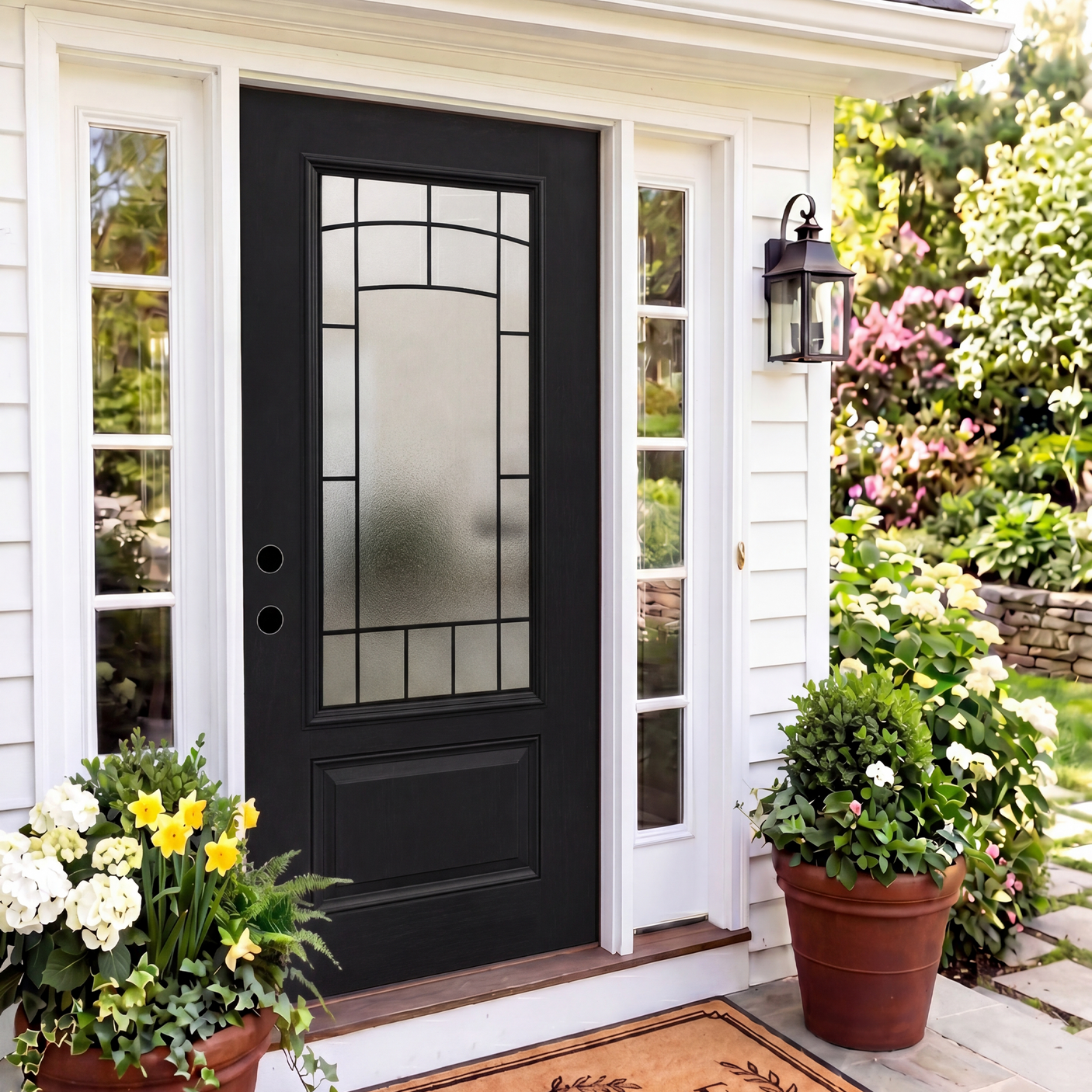 [out of stock]36" x 80" Smooth Black Fiberglass Entry Door – 3/4 View Frosted Privacy Glass | Left & Right Hand Inswing