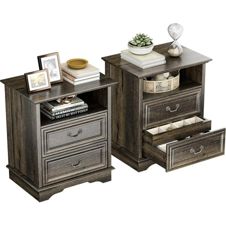 Farmhouse Mid Century Modern Nightstand, 2-Drawer 25" Tall Wood