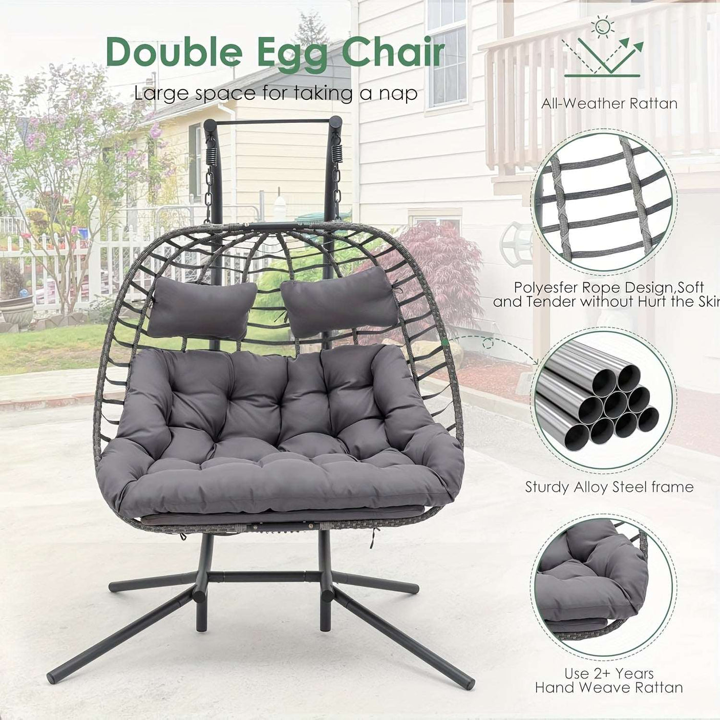 Double Egg Swing Chair with Stand for Outdoor