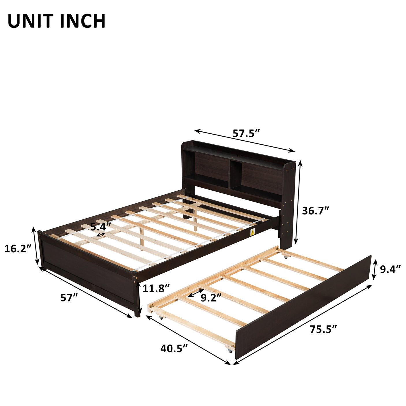 Twin Size Trundle Bed with Bookcase for Kids