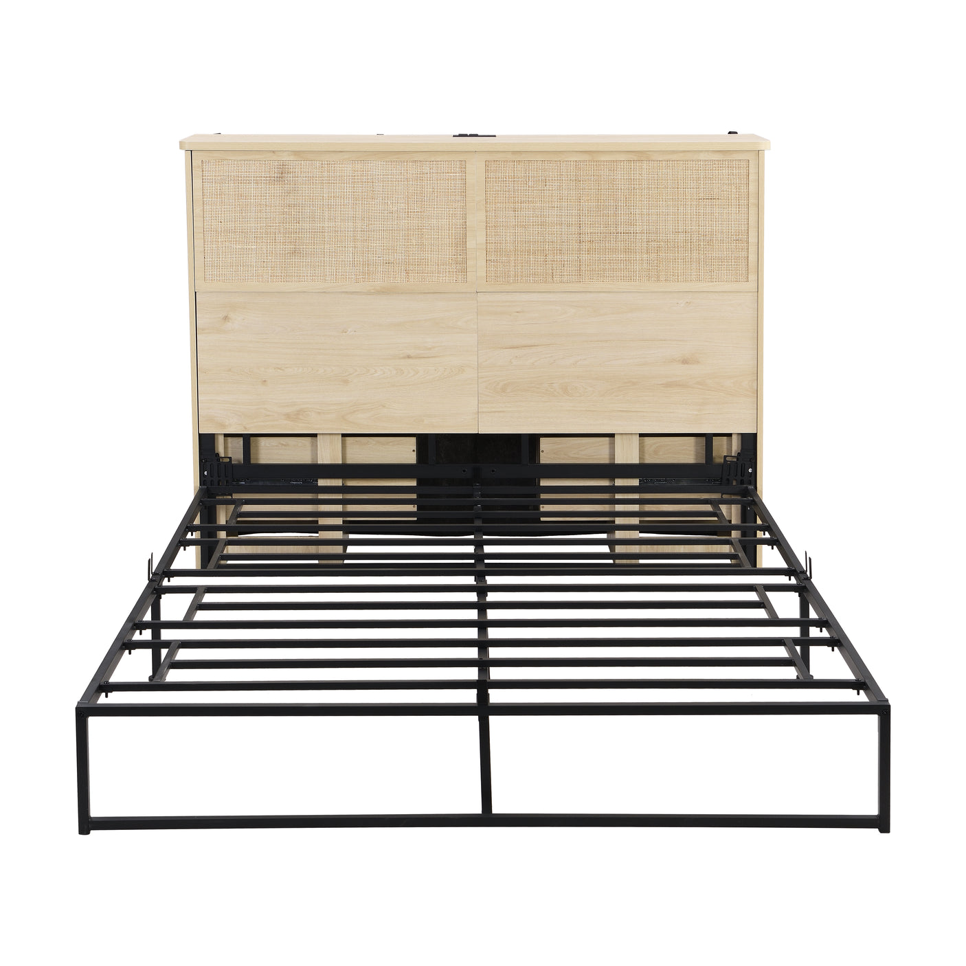 Boho Rattan Queen Beds Frame with Charging Station Headboard