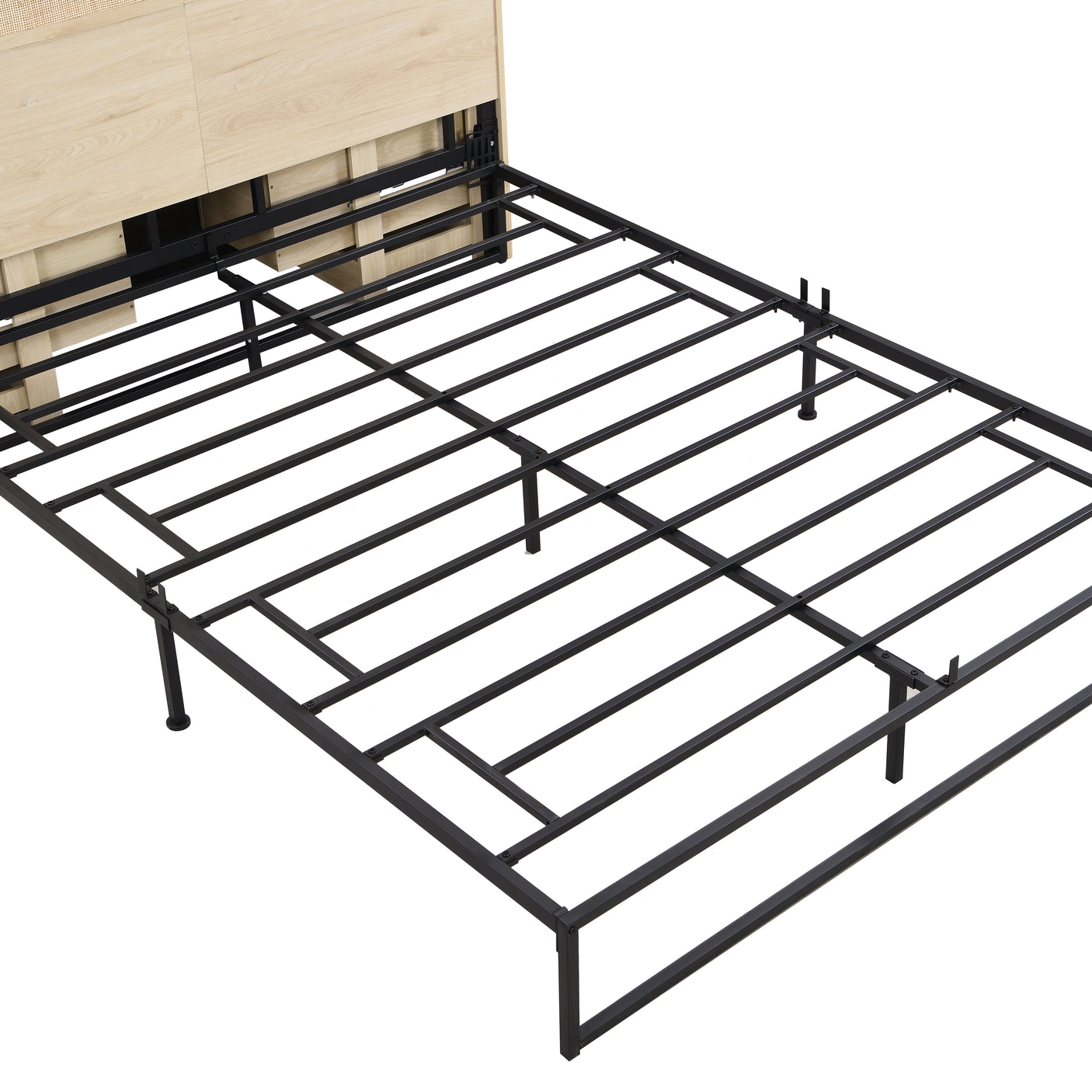 Boho Rattan Queen Beds Frame with Charging Station Headboard