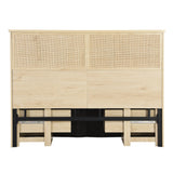 Boho Rattan Queen Beds Frame with Charging Station Headboard