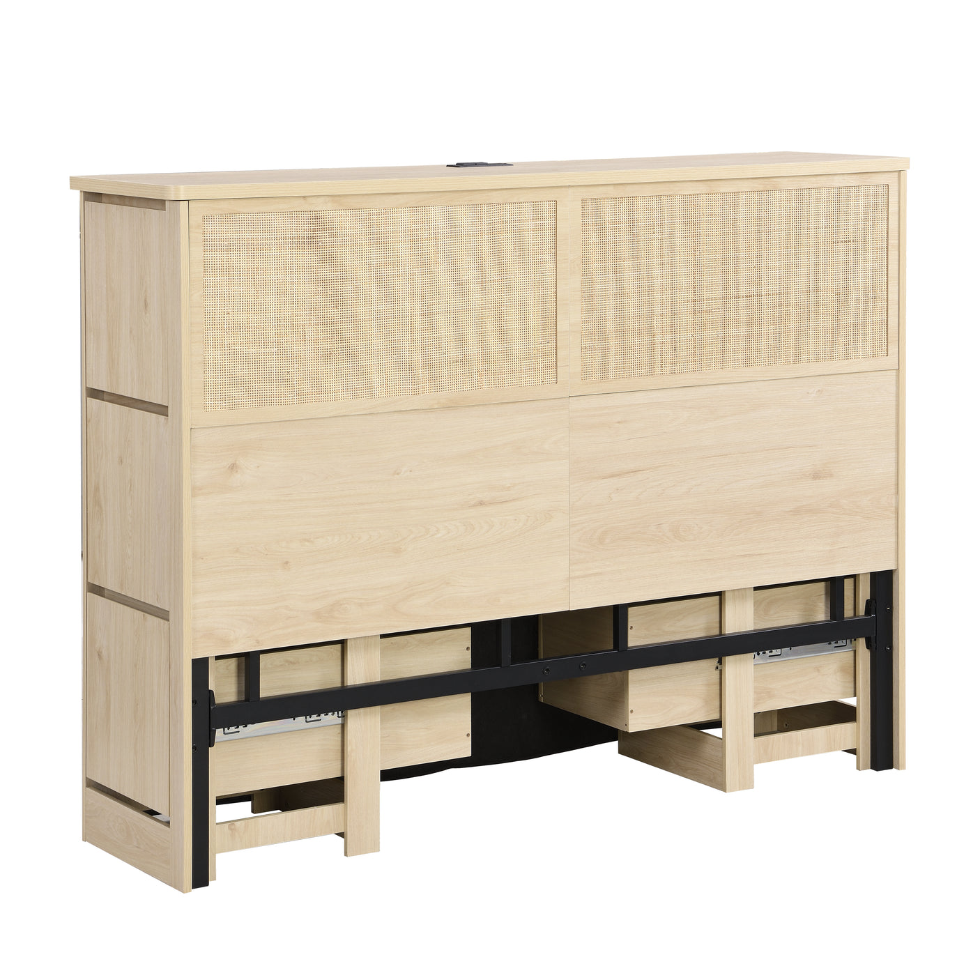 Boho Rattan Queen Beds Frame with Charging Station Headboard