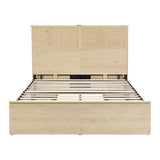 Boho Rattan Queen Beds Frame with Charging Station Headboard