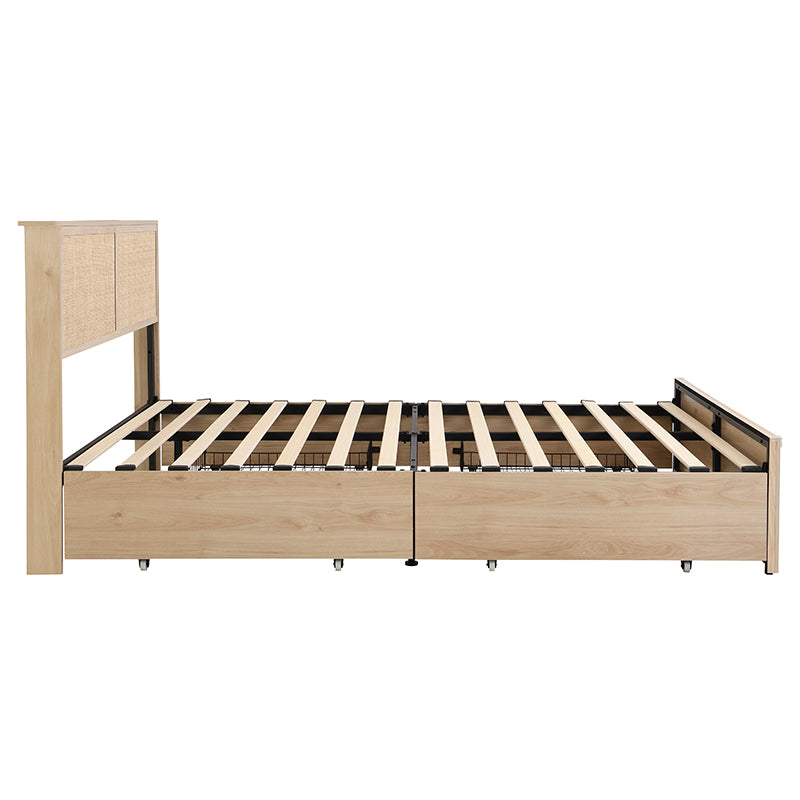 Boho Natural Rattan Headboard BedFrame with 4 Drawers
