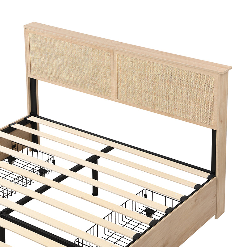 Boho Natural Rattan Headboard BedFrame with 4 Drawers