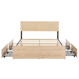 Boho Natural Rattan Headboard BedFrame with 4 Drawers
