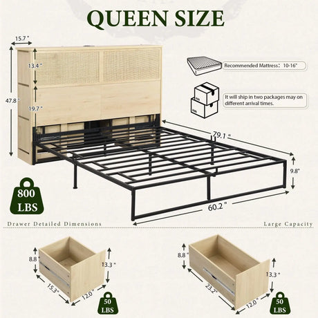 Boho Rattan Queen Beds Frame with Charging Station Headboard