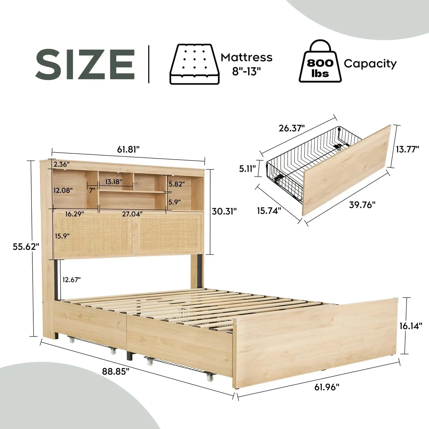 Boho Rattan Queen Beds Frame with Charging Station Headboard