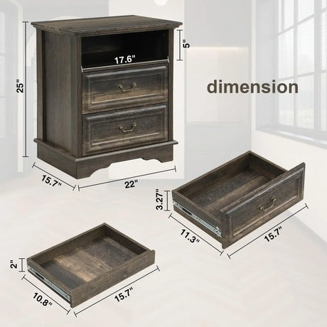 Farmhouse Mid Century Modern Nightstand, 2-Drawer 25" Tall Wood