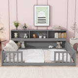 Wood Bed Frame with Bookcase & Shelves