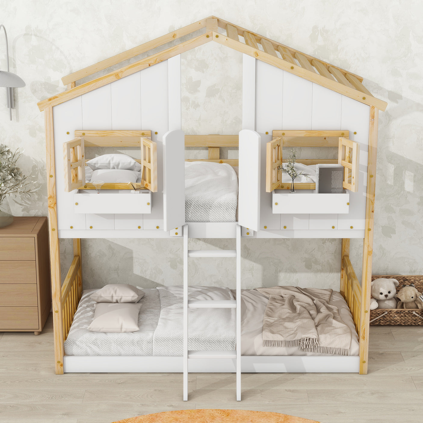 Twin over Twin House Bunk Bed with Roof