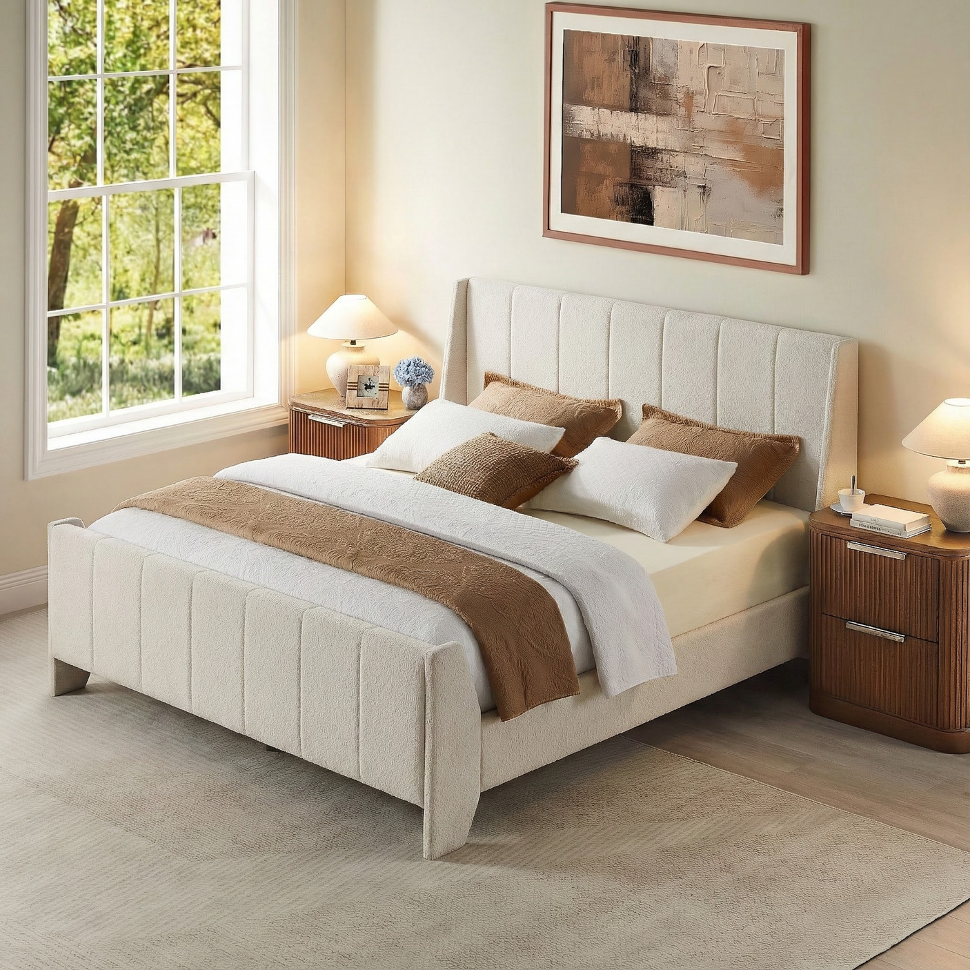 Yechen Boucle Upholstered Bed Frame Wingback Bed with Enclosed Design