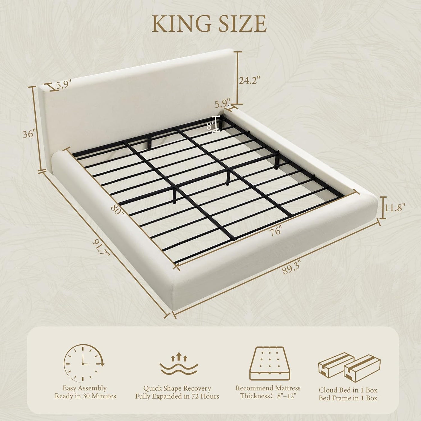 Cloud Bed Frame | Ribbed Chenille Upholstered Bed | 5.9" Padded Headboard – Queen & King