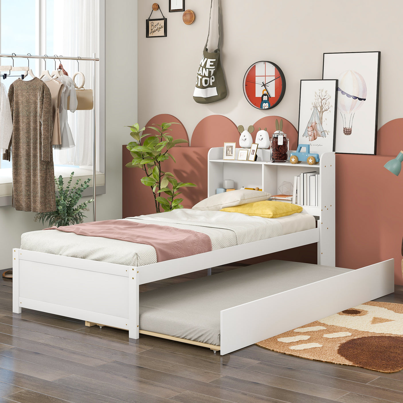 Twin Size Trundle Bed with Bookcase for Kids