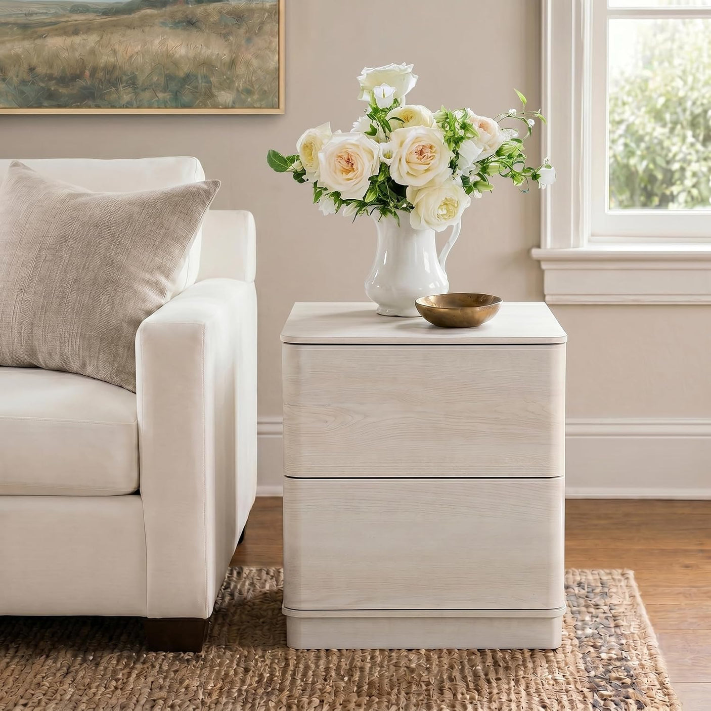 Nightstand with 2 Push to Open Drawers & Hidden Compartment | 22'' Curved Bedside Table | Mid-Century Modern