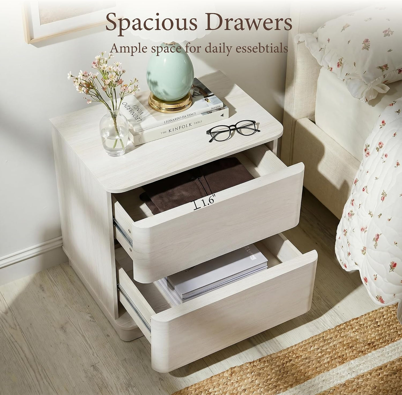 Nightstand with 2 Push to Open Drawers & Hidden Compartment | 22'' Curved Bedside Table | Mid-Century Modern