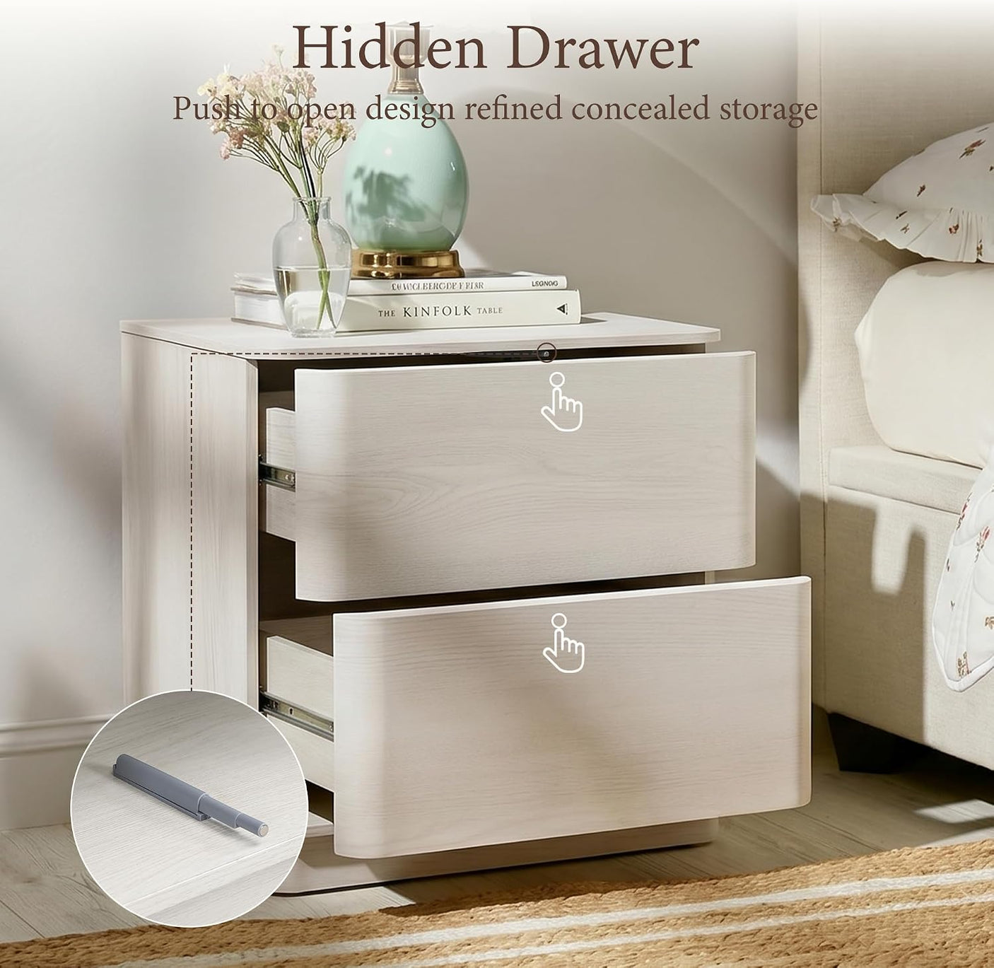 Nightstand with 2 Push to Open Drawers & Hidden Compartment | 22'' Curved Bedside Table | Mid-Century Modern