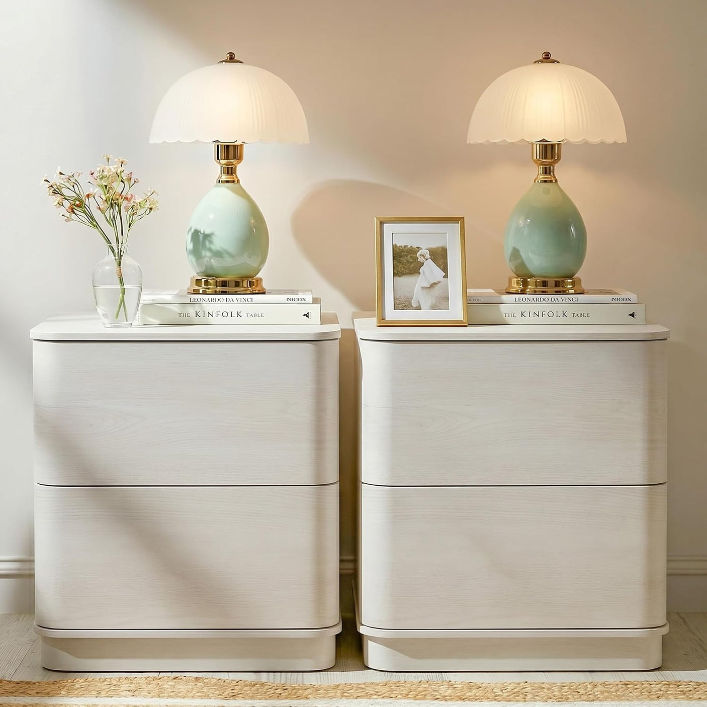 Nightstand with 2 Push to Open Drawers & Hidden Compartment | 22'' Curved Bedside Table | Mid-Century Modern